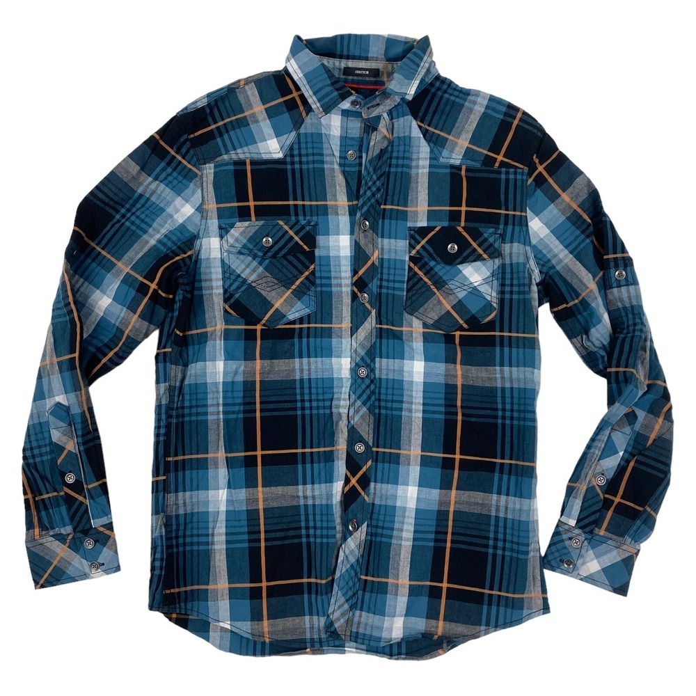 Rock & Republic STRETCH Blue Plaid Button Shirt Sz M Cotton Spandex Long Sleeve